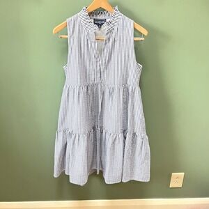 Duffield Lane Blue White Striped Seersucker Tiered Babydoll Dress XS Sleeveless